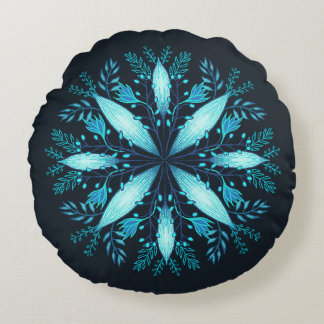 Turquoise Mandala - Blue Winter Snowflake Flower  Round Cushion