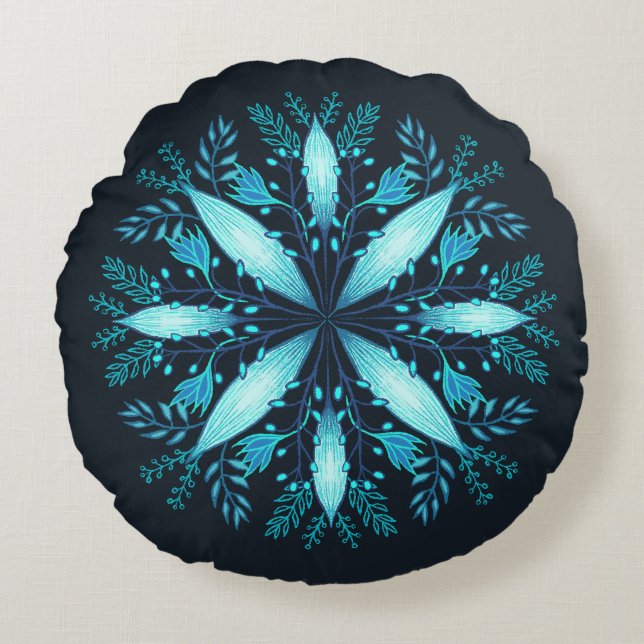 Turquoise Mandala - Blue Winter Snowflake Flower  Round Cushion (Front)