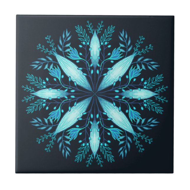 Turquoise Mandala - Blue Winter Snowflake Flower Tile (Front)