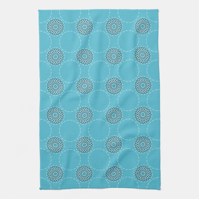 Turquoise Mandala Kaleidoscope Circles Tea Towel (Vertical)