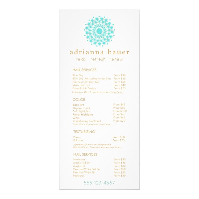Turquoise Mandala Spa Salon Price List Menu (Front)