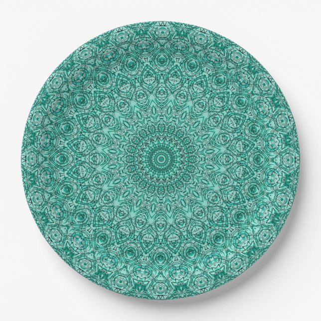 Turquoise Mandala with Intricate Symmetry Paper Plate (Front)