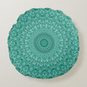 Turquoise Mandala with Intricate Symmetry Round Cushion