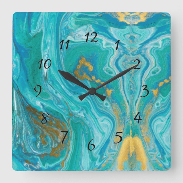 Turquoise Marble Gold Abstract Square Wall Clock (Front)