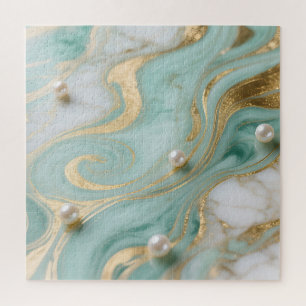 Turquoise Marble Pearl Gold Swirl Jigsaw Puzzle