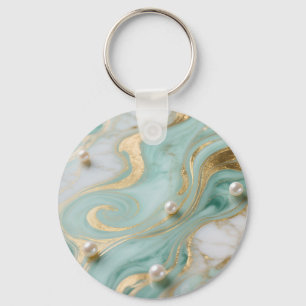 Turquoise Marble Pearl Gold Swirl Key Ring