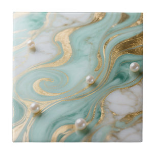 Turquoise Marble Pearl Gold Swirl Tile