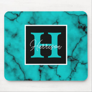Turquoise Marble Sophisticated monogram name Mouse Mat