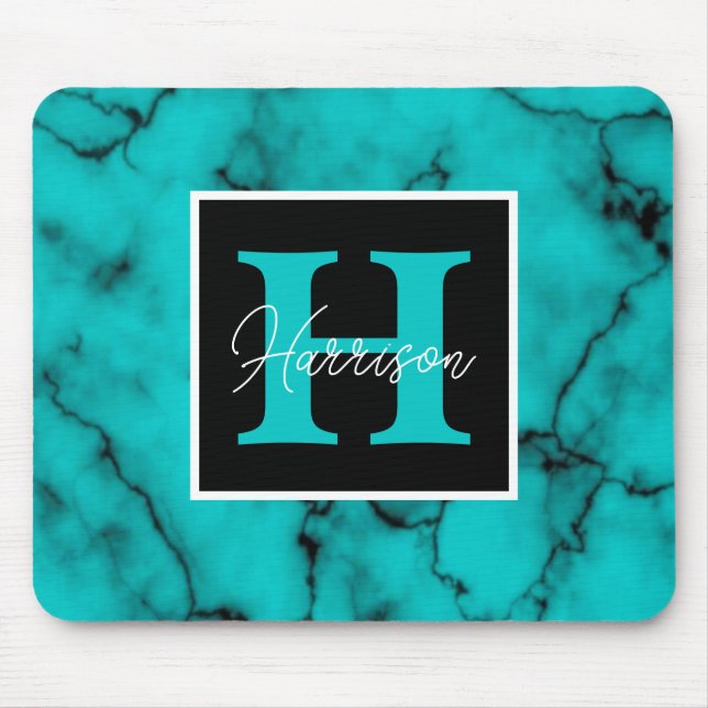 Turquoise Marble Sophisticated  monogram name  Mouse Mat (Front)
