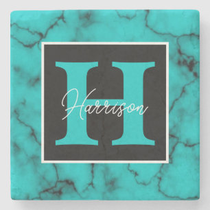 Turquoise Marble Sophisticated monogram name Stone Coaster