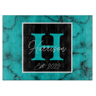 Turquoise Marble Sophisticated  monogram name year Cutting Board