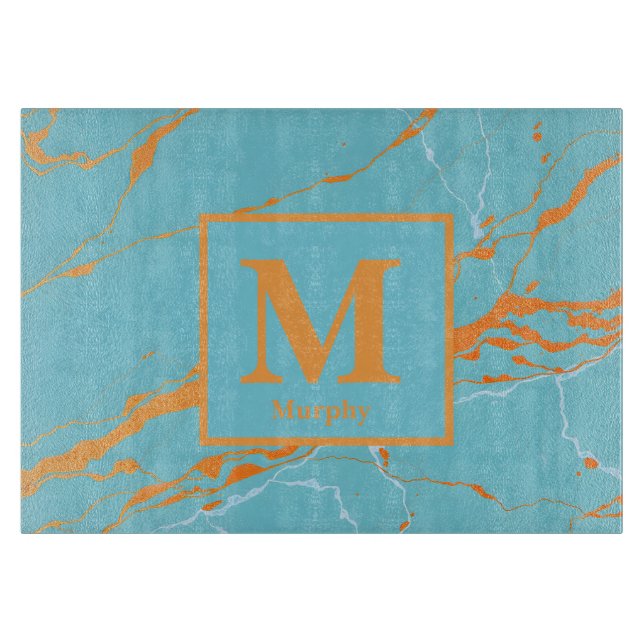 Turquoise Marble with Copper Highlights Monogram Cutting Board (Front)