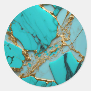 Turquoise Marble with Golden Veins Classic Round Sticker