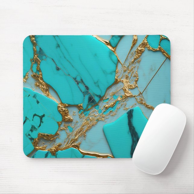Turquoise Marble with Golden Veins Mouse Mat (With Mouse)