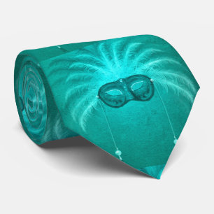 Turquoise Mardi Gras Feather Face Mask NeckTie