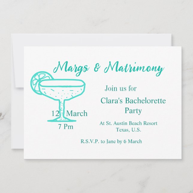 Turquoise Margs & Matrimony Tequila glass bachelor Invitation (Front)