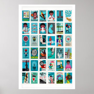 Turquoise Matchbox Labels Collage, Vintage Poster