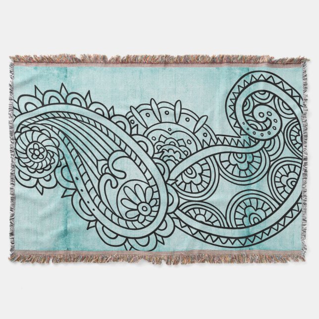 Turquoise Mehndi Motif Throw Blanket (Front)