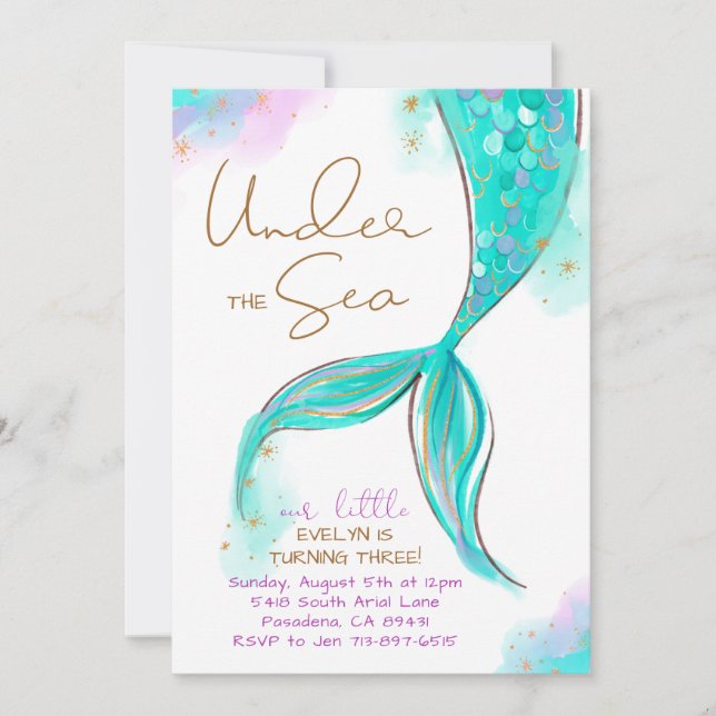 Turquoise Mermaid Birthday Under The Sea Party Invitation (Front)