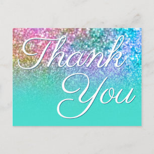 Turquoise Mermaid Ombre Bokeh Glitter Thank You Postcard