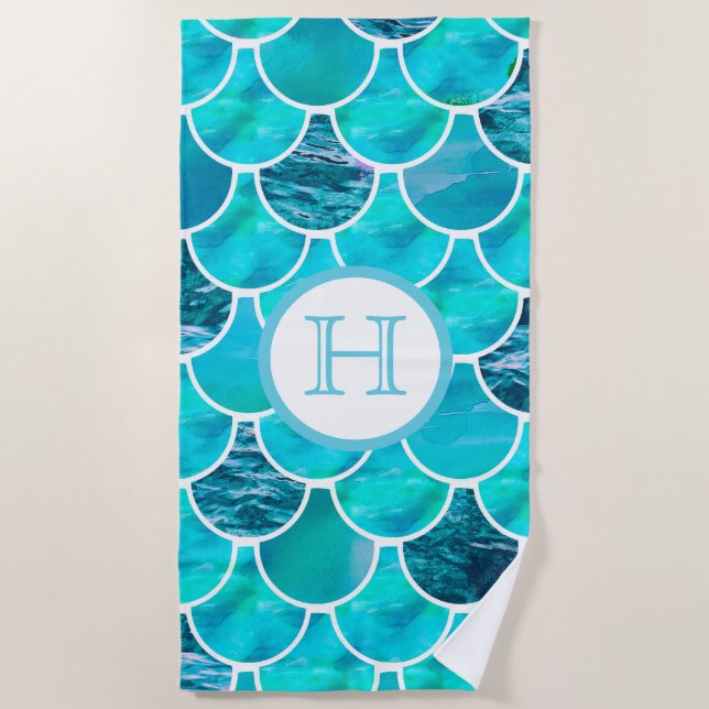 Turquoise mermaid scales monogram name beach towel (Front)