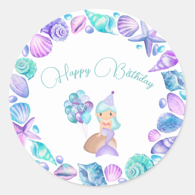 Turquoise Mermaid Under the Sea Happy Birthday  Classic Round Sticker (Front)