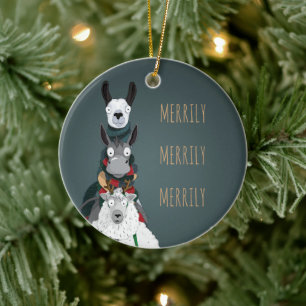 Turquoise "Merrily Merrily Merrily" Winter Animals Ceramic Tree Decoration