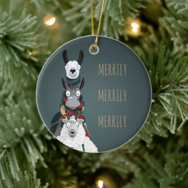 Turquoise "Merrily Merrily Merrily" Winter Animals Ceramic Tree Decoration (Tree)