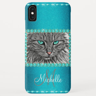 Turquoise Metallic Cat, Rhinestones Personalised iPhone XS Max Case