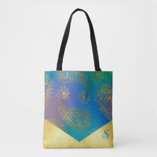 Turquoise & Metallic Gold Monogram Bridesmaid Tote Bag
