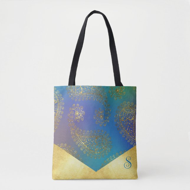 Turquoise & Metallic Gold Monogram Bridesmaid Tote Bag (Front)