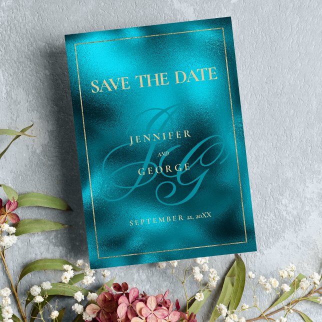 Turquoise metallic monogram initials Save The Date (Turquoise metallic monogram initials Save The Date)