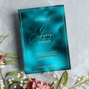 Turquoise metallic monogram initials wedding invitation