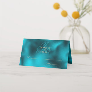 Turquoise metallic monogram initials wedding place card