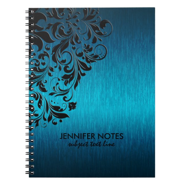 Turquoise Metallic Texture & Black Floral Lace Notebook (Front)