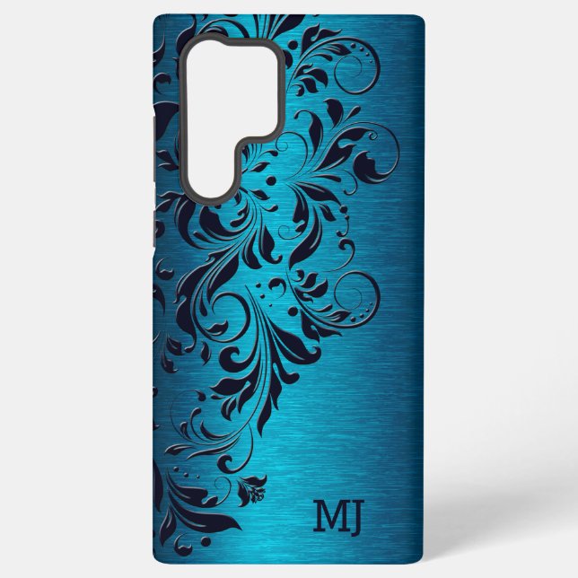 Turquoise Metallic Texture & Floral Lace Samsung Galaxy S22 Ultra Case (Back)