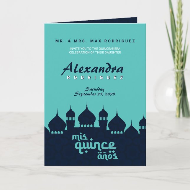 Turquoise Midnight Blue Arabian Nights Quinceañera Invitation (Front)