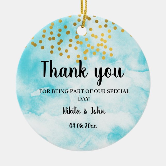 Turquoise minimal calligraphy thank you favour gif ceramic tree decoration (Front)