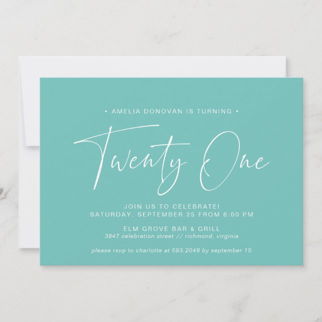 Turquoise | Minimalist Aqua Blue 21st Birthday Invitation (Front)