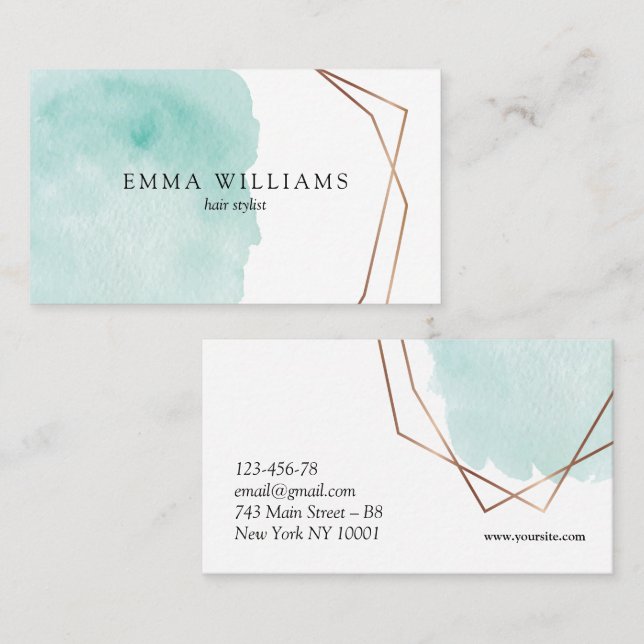 Turquoise Minimalist Modern Watercolor Business Card (Front/Back)