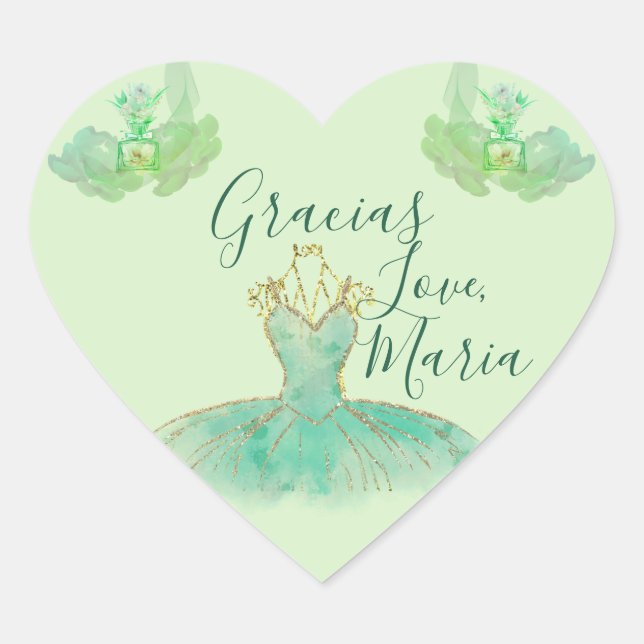 Turquoise Mint Gold Ballerina Floral Thank You Heart Sticker (Front)