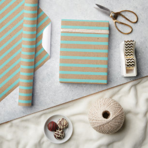 Turquoise Mint Green Lines Faux Rustic Brown Kraft Wrapping Paper
