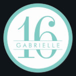 Turquoise Modern Birthday Favour Sticker Label<br><div class="desc">Bold and colourful round turquoise customisable birthday age and name text sticker favour label. Great accent for elegant and modern Bat Mitzvah celebrations,  sweet sixteen,  16th birthday parties,  Quinceaneras,  baby showers,  bridal showers,  and weddings. Visit the Paper Grape Zazzle shop for coordinating party goods,  stationery,  and invitations.</div>