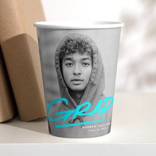 Turquoise Modern Dashed Grad Photo Graduation Paper Cups