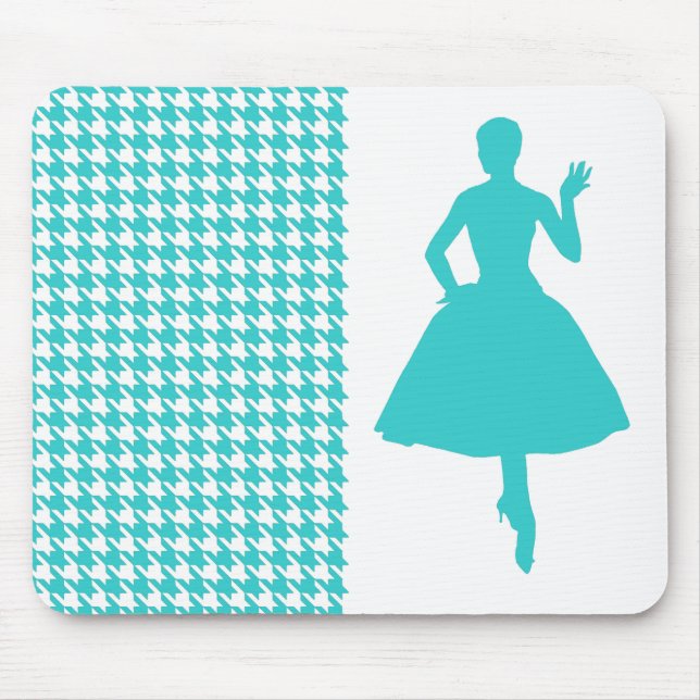 Turquoise Modern Houndstooth w/ Fashion Silhouette Mouse Mat (Front)