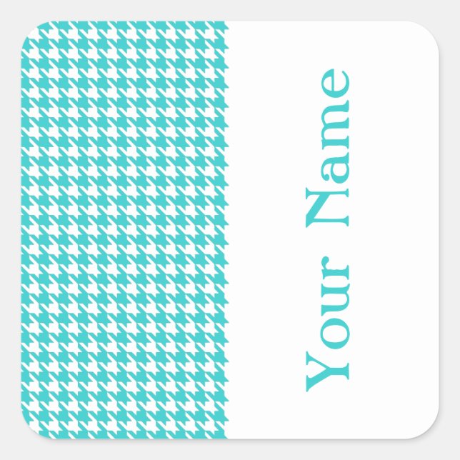 Turquoise Modern Houndstooth with name Square Sticker (Front)