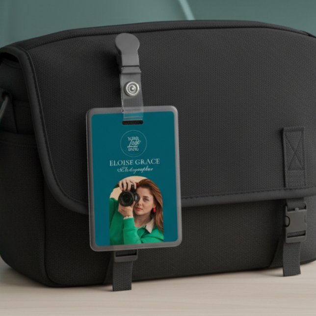 Turquoise Modern Logo Photo Photographer Badge ID Badge (This modern business ID tag features a headshot photo and logo!)