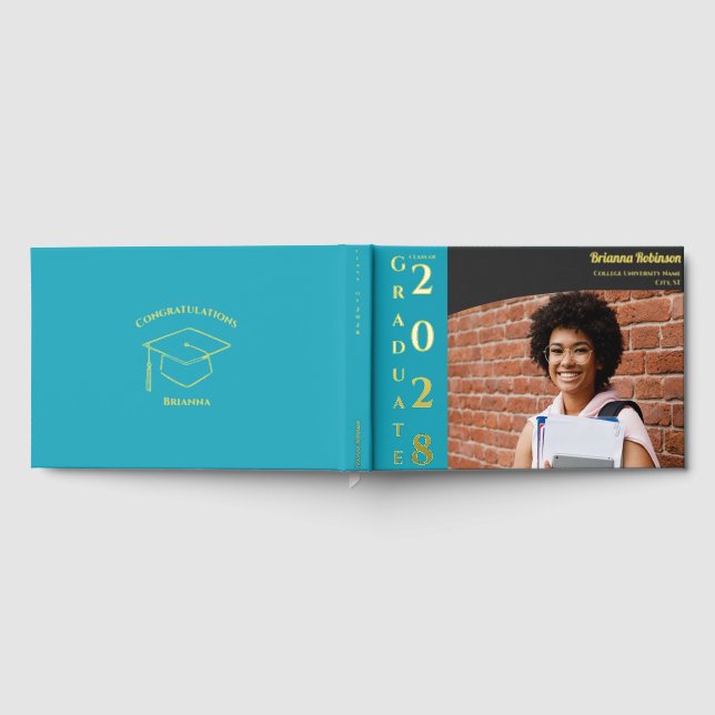 Turquoise Modern Photo Graduation Party Gold  Guest Book (Full)