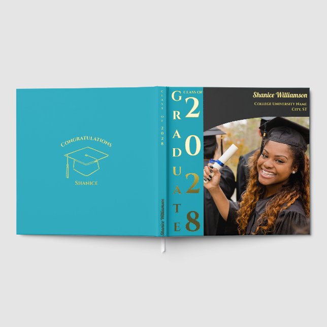 Turquoise Modern Photo Graduation Party Gold Guest Book (Full)