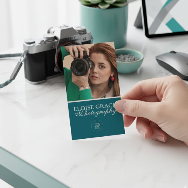 Turquoise Modern Photo Logo QR Code Business Card (This modern business card features vertical headshot photo and professional typography!)
